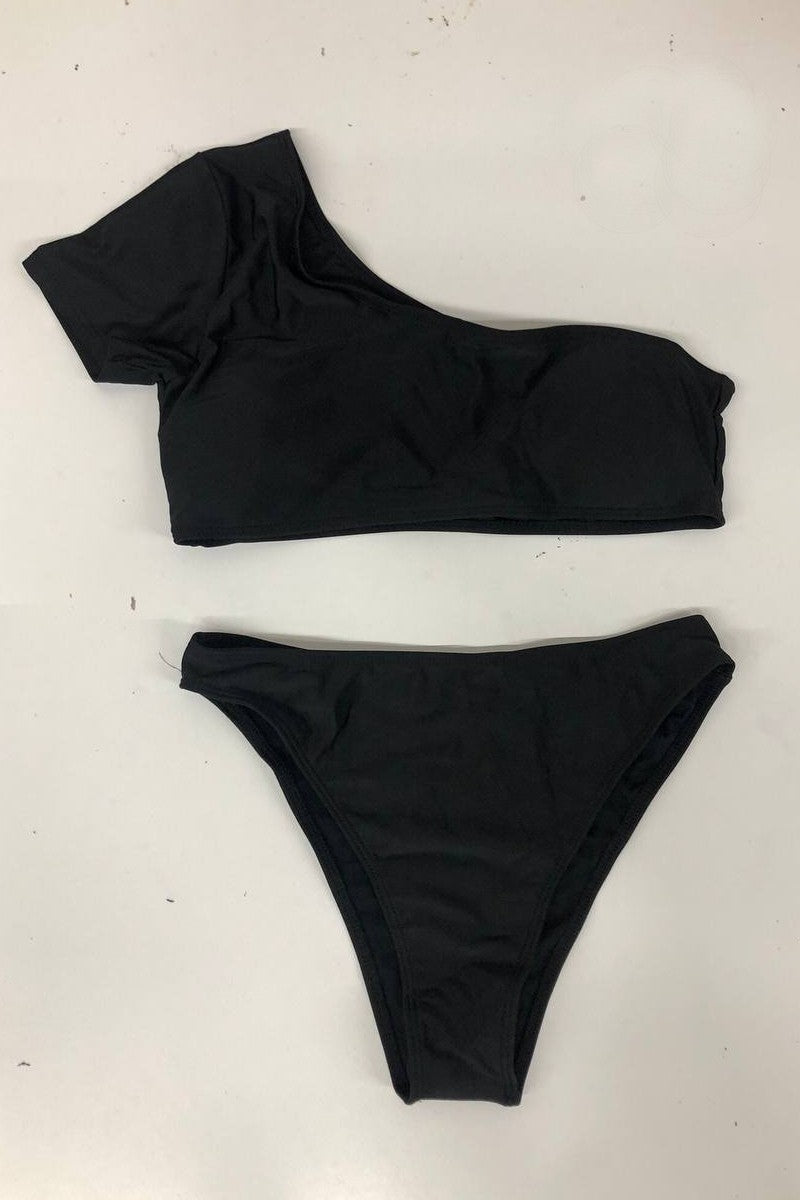 Load image into Gallery viewer, One Shoulder Short Sleeve Two Piece Bikini Swimsuit Swimwear

