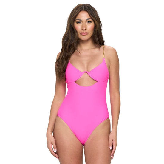 Load image into Gallery viewer, Pink One Piece Swimsuit With Chain Straps
