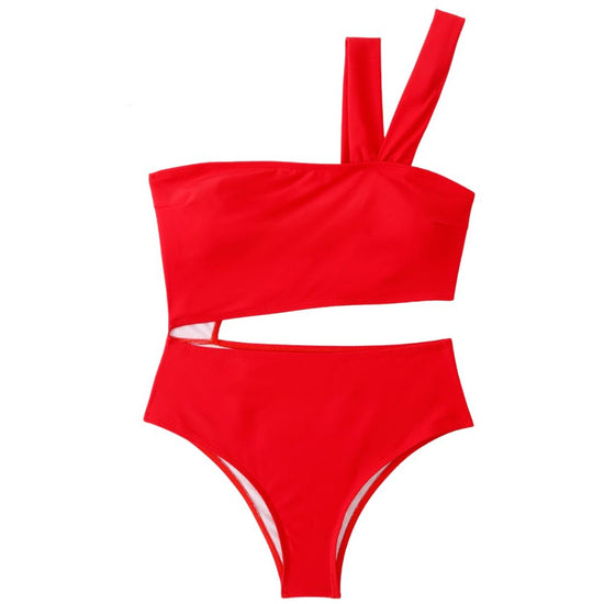 Red Cut Out One Shoulder One Piece Swimsuit Swimwear