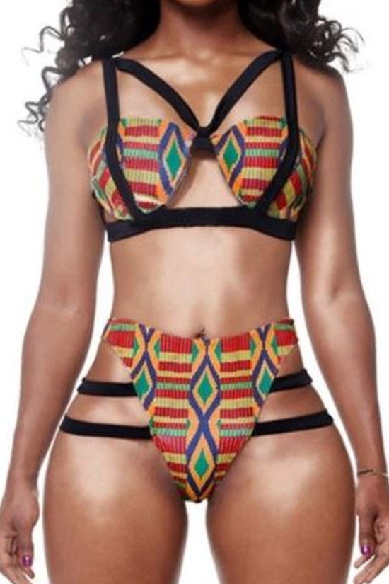 Multicolor Kente Print High Cut Bikini Set Swimwear Swimsuit