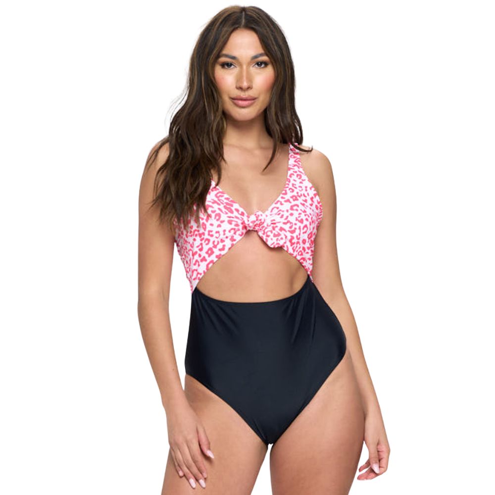Leopard Print Front Tie One Piece Bikini Swimsuit Swimwear