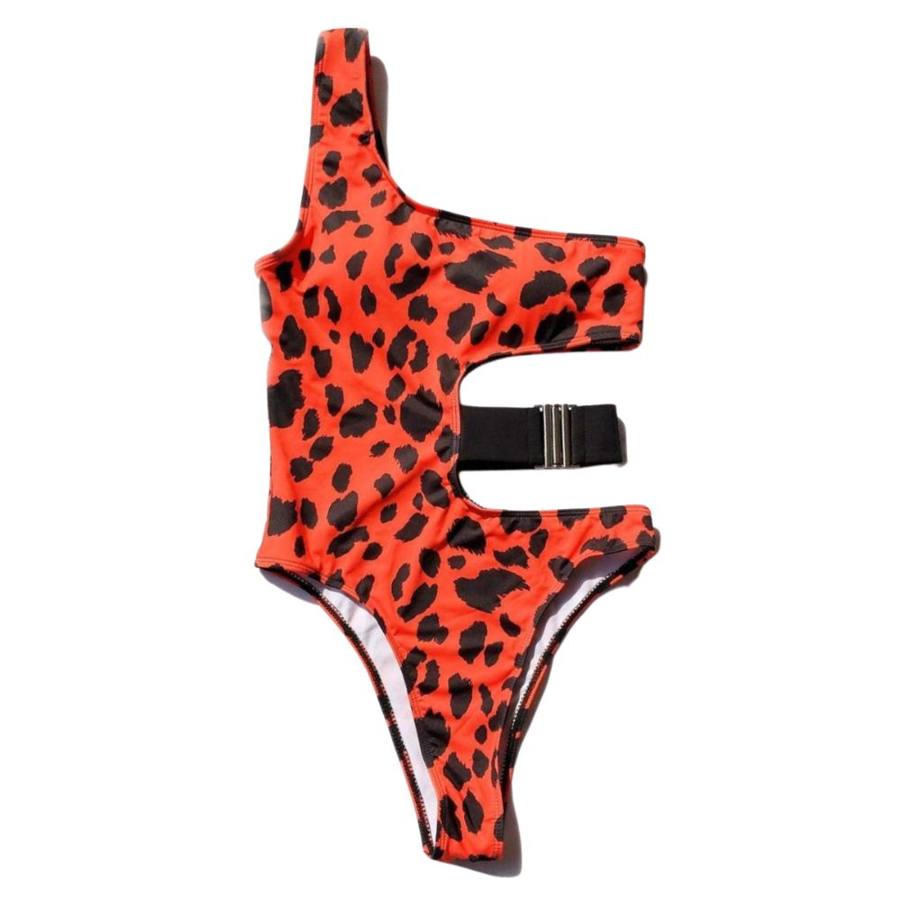 Load image into Gallery viewer, Red Leopard Side Elastic Strap One Piece Swimsuit
