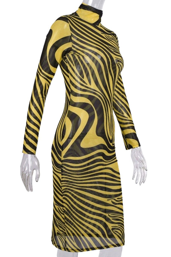 Mesh Zebra Print Long Sleeve Bodycon Dress