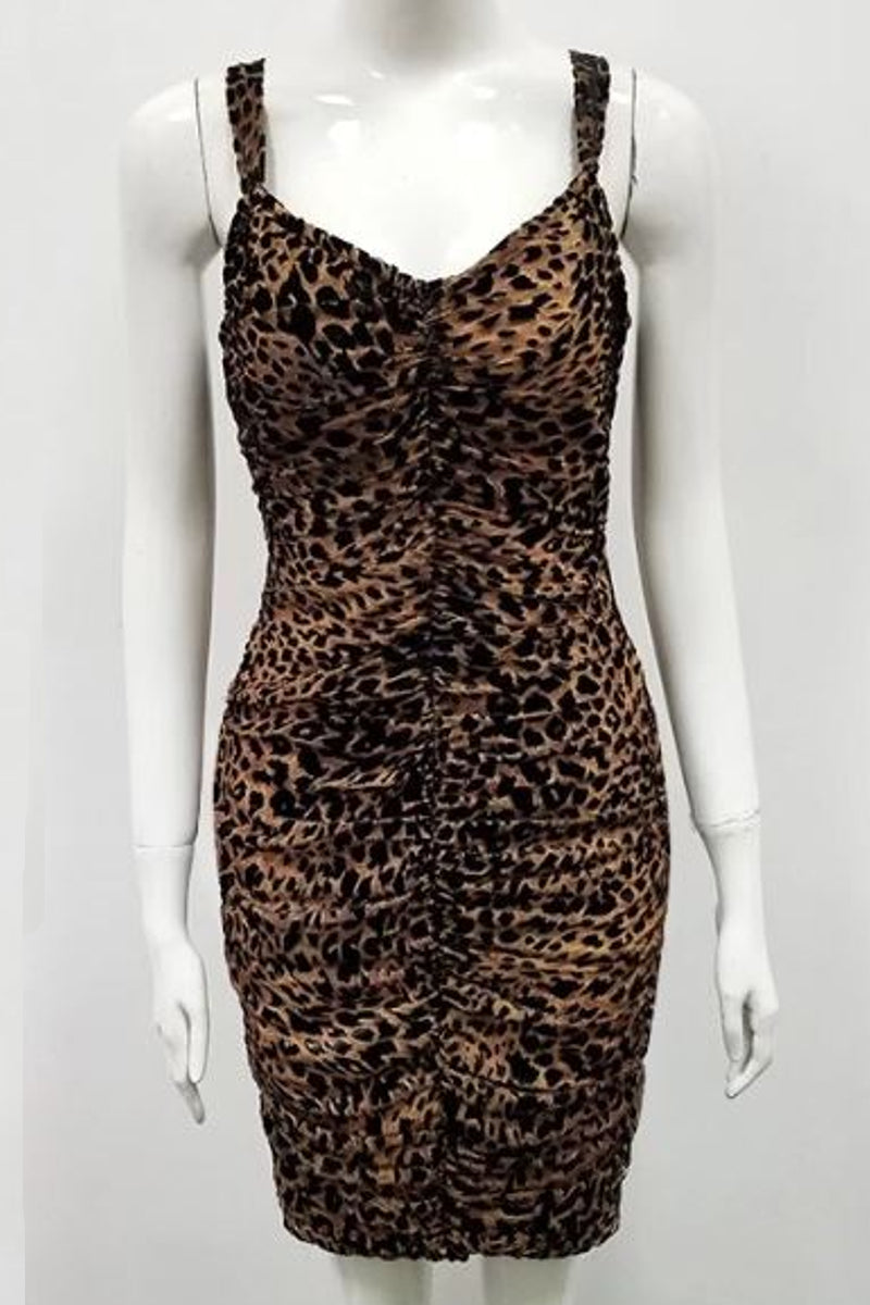 Ruched Leopard Print Bodycon Mini Dress