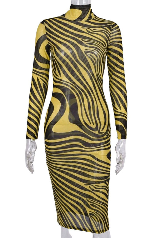 Mesh Zebra Print Long Sleeve Bodycon Dress