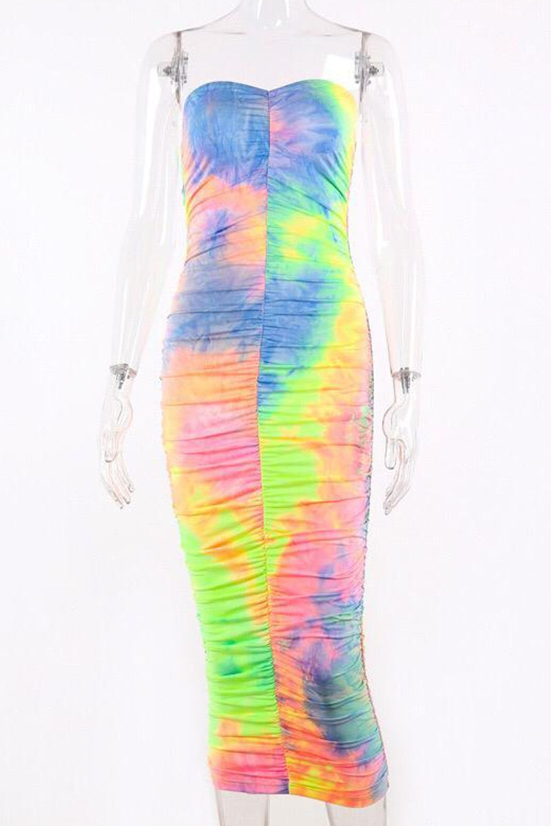 Load image into Gallery viewer, Unicorn Tie and Dye Ruched Strapless Dress
