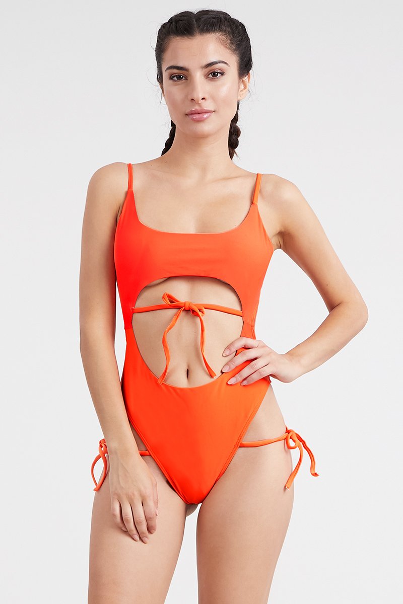 Orange Lace Up Padded Stylish One-Piece Swimsuit