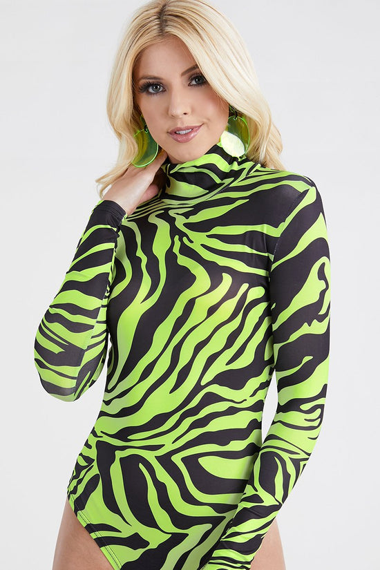 Zebra Print Bodysuit Long Sleeve Green Clothing