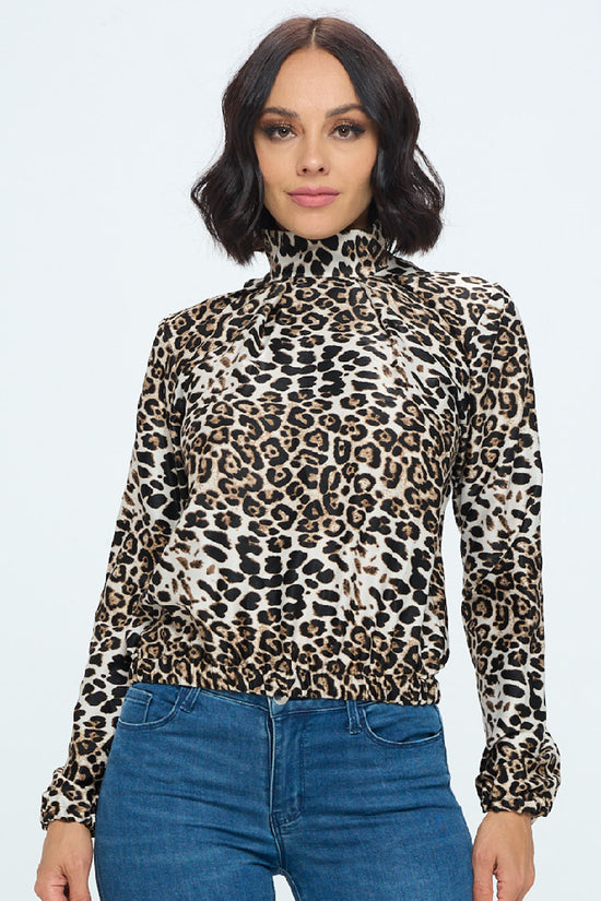 Leopard Print Long Puffy Sleeve Satin Blouse