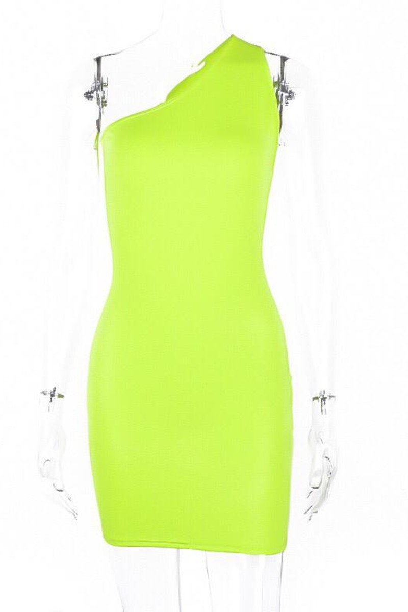 One Shoulder Back Cut Out Dress Neon Green Clothing