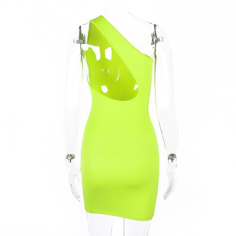 One Shoulder Back Cut Out Dress Neon Green Clothing