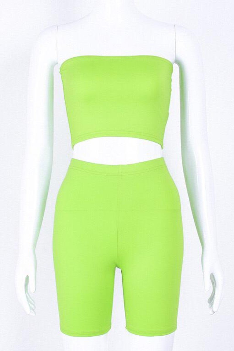 Load image into Gallery viewer, Neon Green Tube Top And Biker Shorts Set S / Clothing
