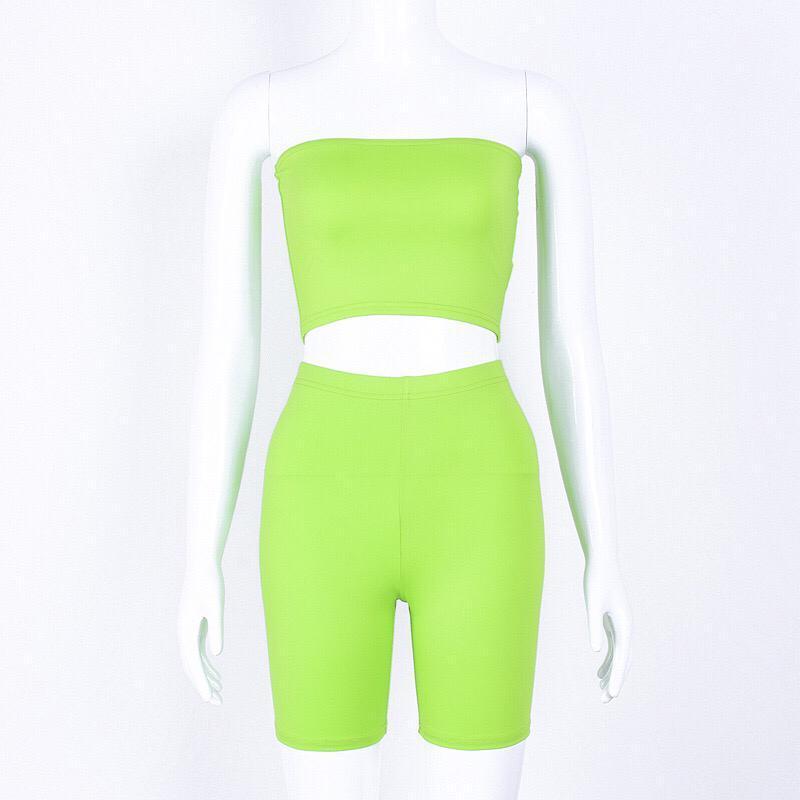 Neon Green Tube Top And Biker Shorts Set Clothing