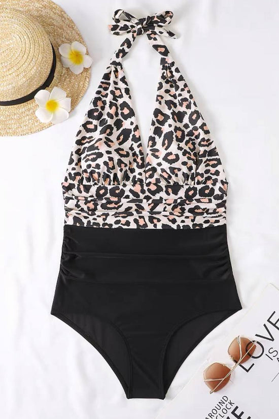 Load image into Gallery viewer, Cheetah Print Halter One Piece Swimsuit
