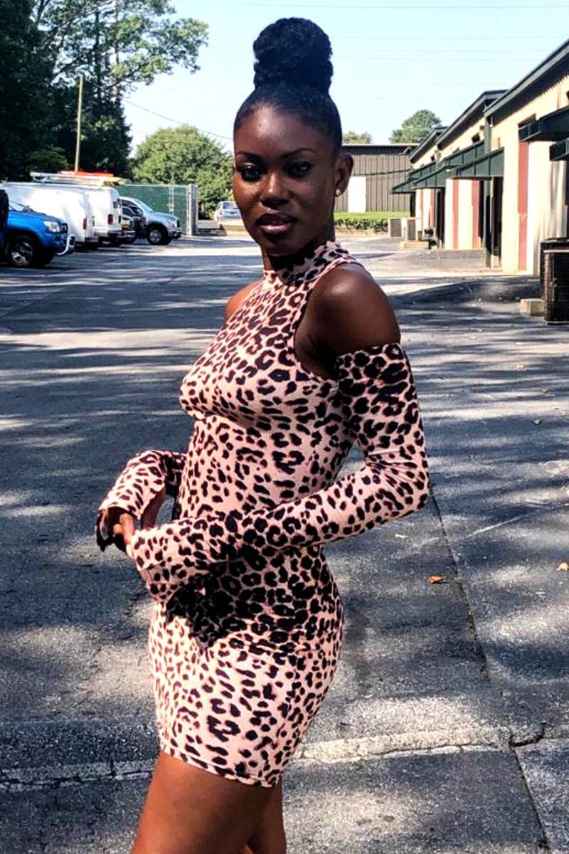 Cold Shoulder Long Sleeve Cheetah Print Dress Women Clothing