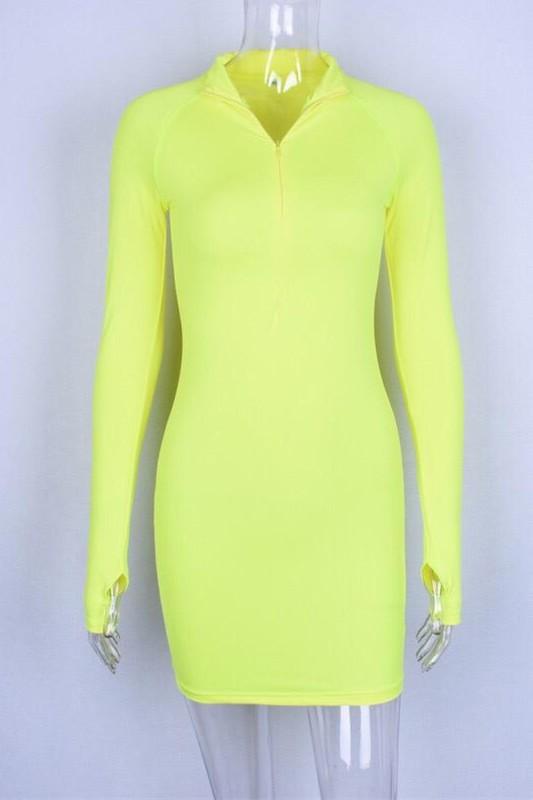 Long Sleeve Zip Up Dress Neon Green S / Clothing