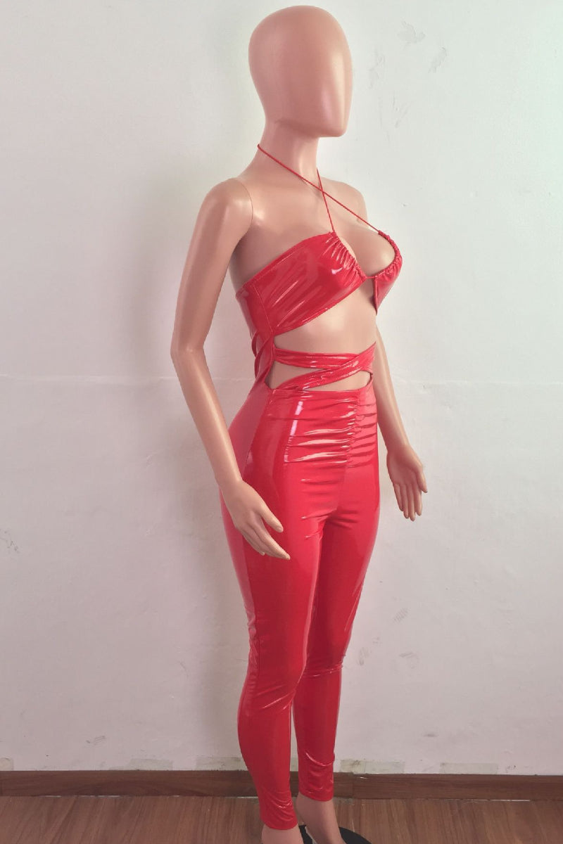 Latex Leather Halter Fitted Jumpsuit