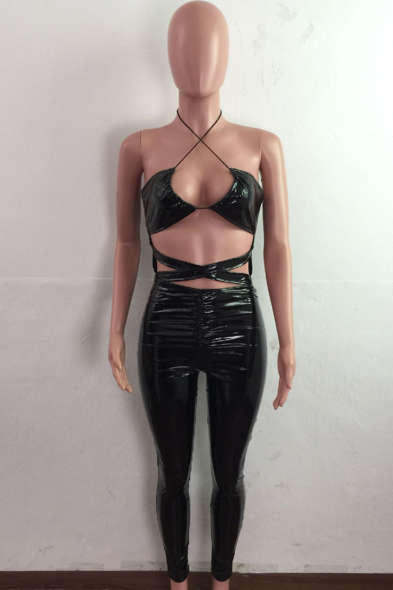 Latex Leather Halter Fitted Jumpsuit