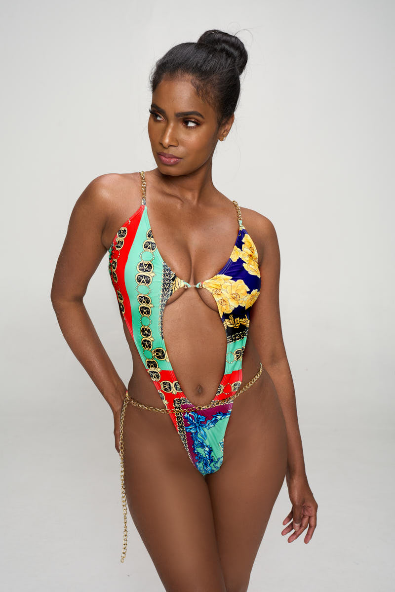 Load image into Gallery viewer, Regal Print One Piece Swimsuit with Chain Belt
