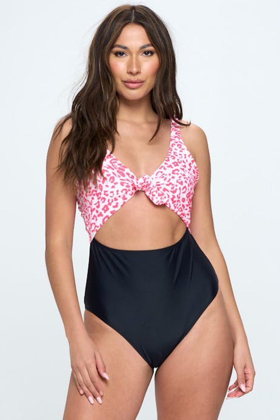 Leopard Print Front Tie One Piece Bikini Swimsuit Swimwear