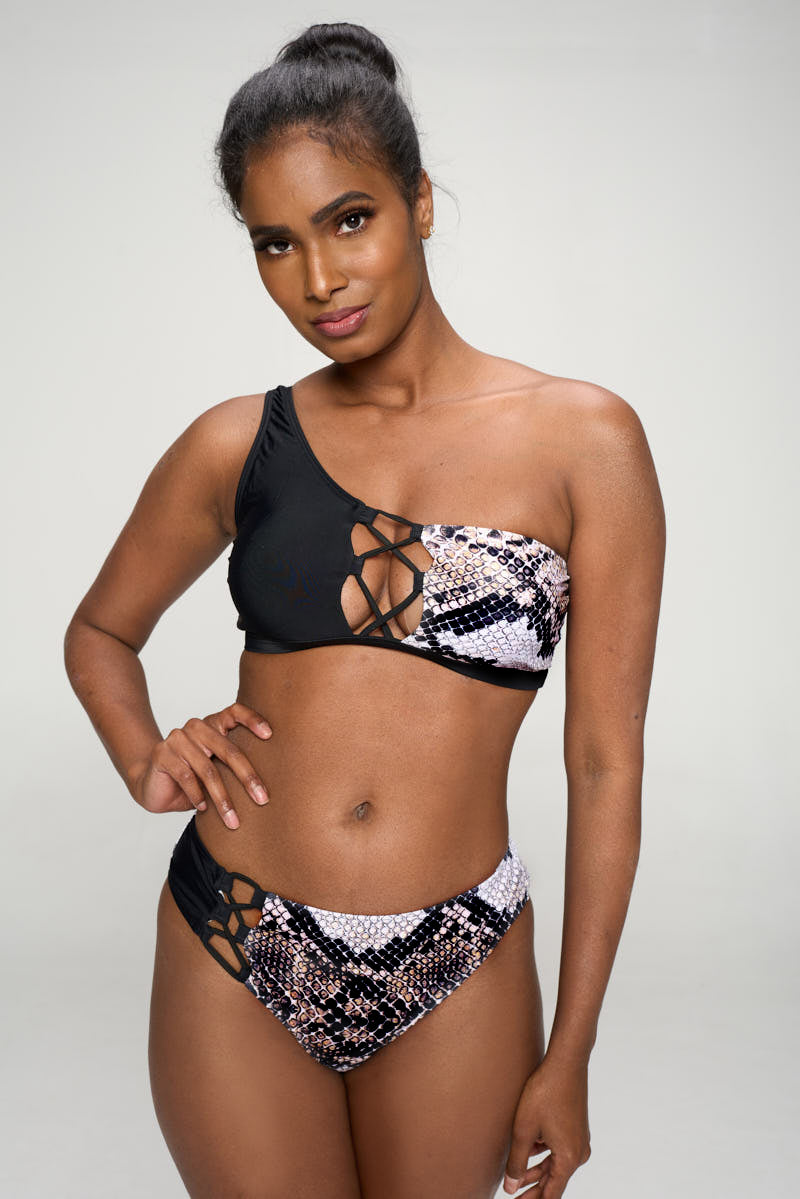 Load image into Gallery viewer, Black and Python Print High Waist Bikini Set
