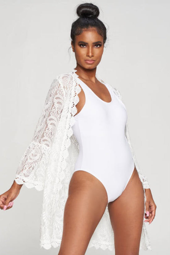 Load image into Gallery viewer, White Lace Cover up with  Satin Ribbon Belt
