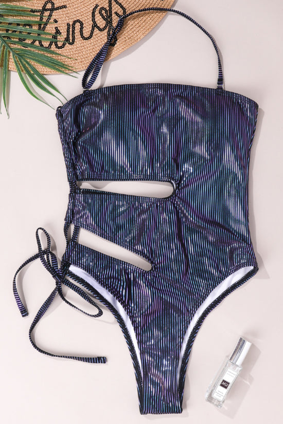 Metallic Cut Out Ruched Side Halter Swimsuit