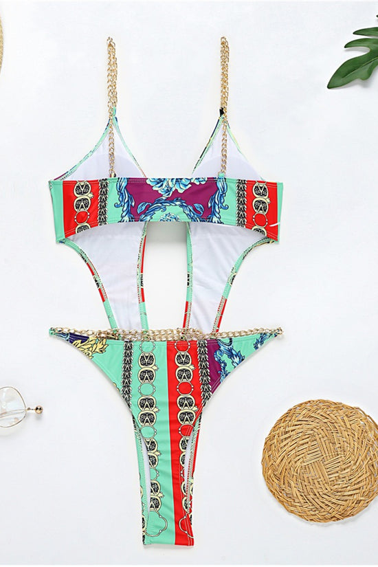 Load image into Gallery viewer, Regal Print One Piece Swimsuit with Chain Belt
