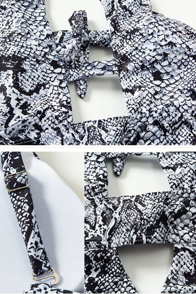 Black And White Halter Neck Python Print One Piece Swimwear