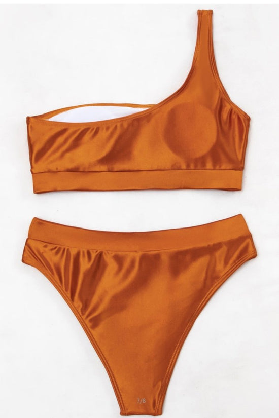 Satin One Shoulder Two Piece Bikini Set Swimwear