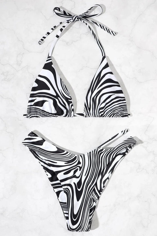 Zebra Print Halter Neck Tie Bikini Swimsuit Swimwear