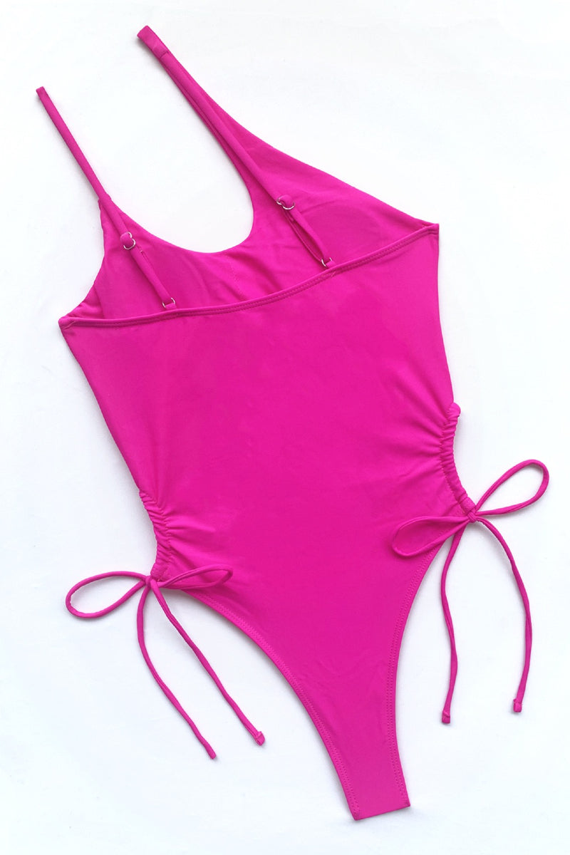 Load image into Gallery viewer, Pink Cut Out One Shoulder Side Tie Swimsuit Swimwear
