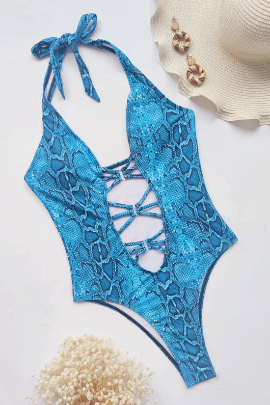 Load image into Gallery viewer, Blue Snake Print Cut Out Halter Neck One Piece Swimsuit
