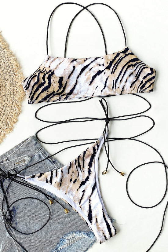 Load image into Gallery viewer, Zebra Print Halter Neck Tie Two Piece Bikini Swimsuit
