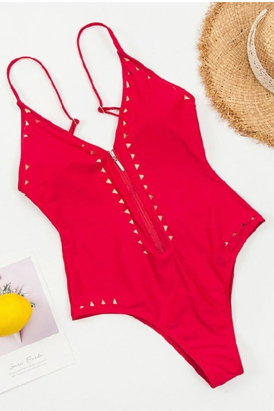 Red Zip Up One Piece Swimsuit