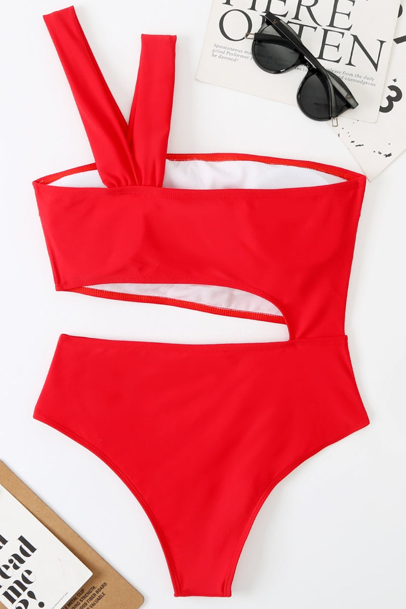 Red Cut Out One Shoulder One Piece Swimsuit Swimwear