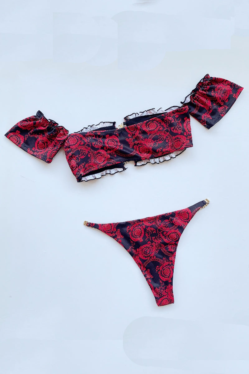 Floral Print Cold Shoulder Ruched Two Piece Bikini Swimsuit Swimwear