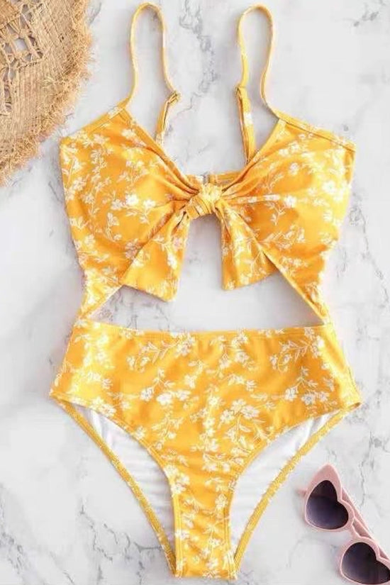 Yellow Floral Print Cut Out One Piece Swimsuit Swimwear