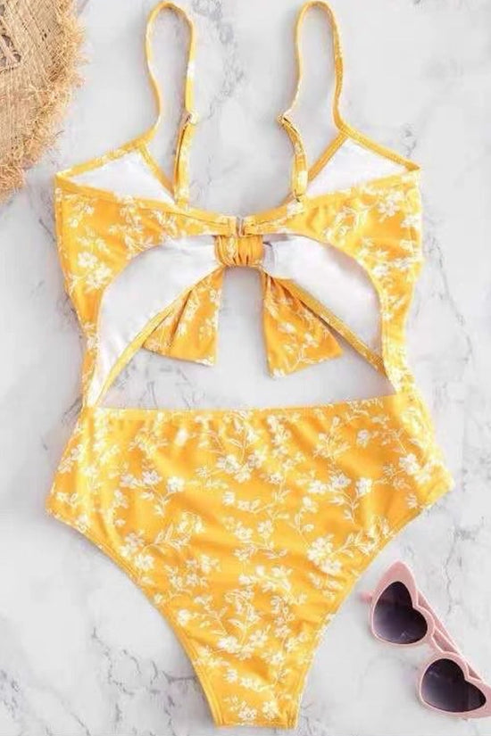 Yellow Floral Print Cut Out One Piece Swimsuit Swimwear