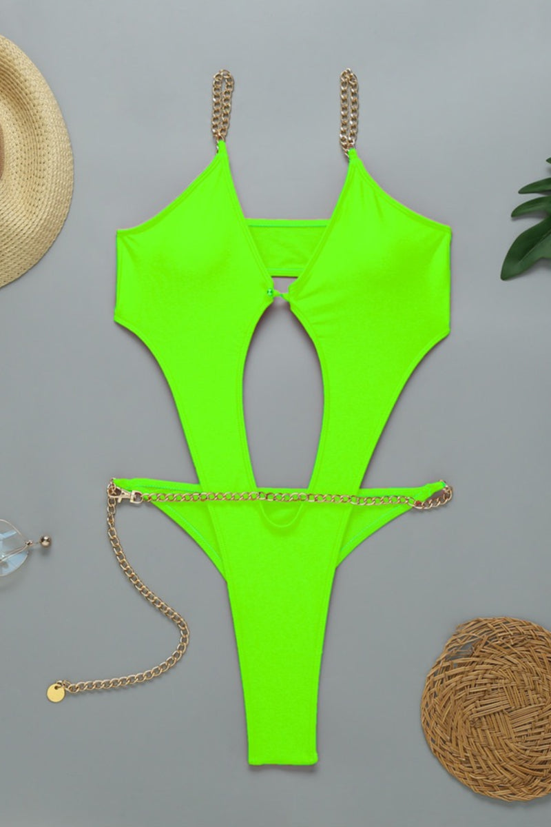 Orange Cut Out One Piece Swimsuit with Chain Belt