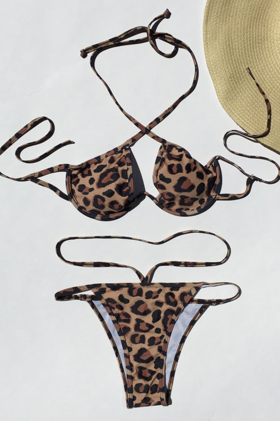 Cheetah Print Halter Neck Two Piece Bikini Set