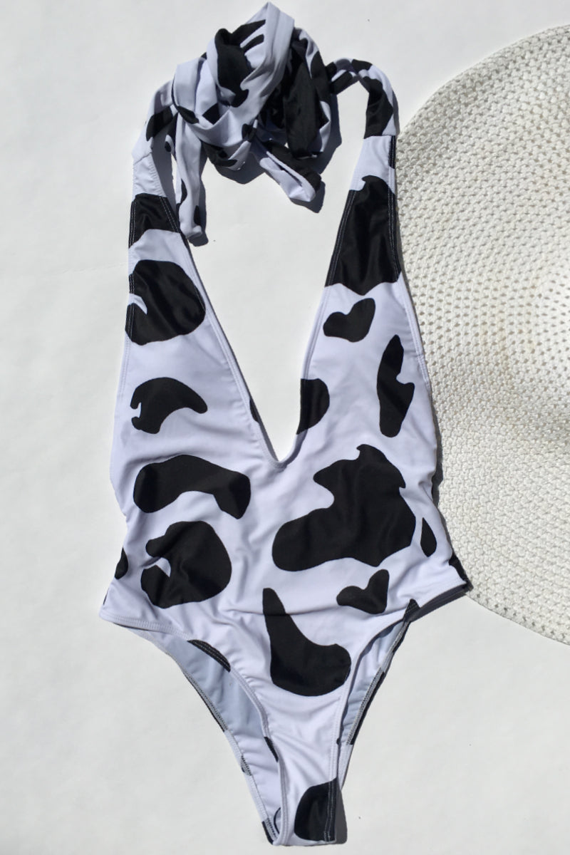 Halter Neck Cow Print One Piece Swimsuit