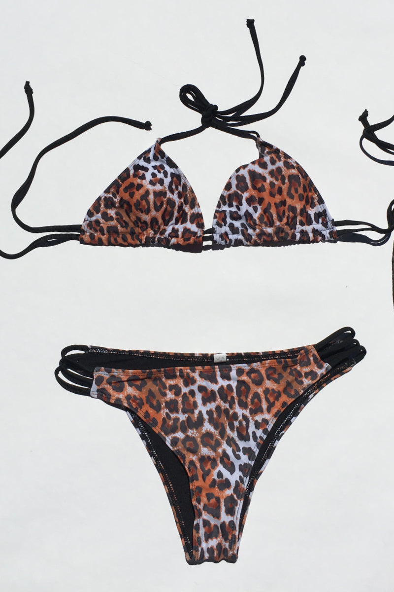 Leopard Print Two Piece Bikini Swimsuit with Straps