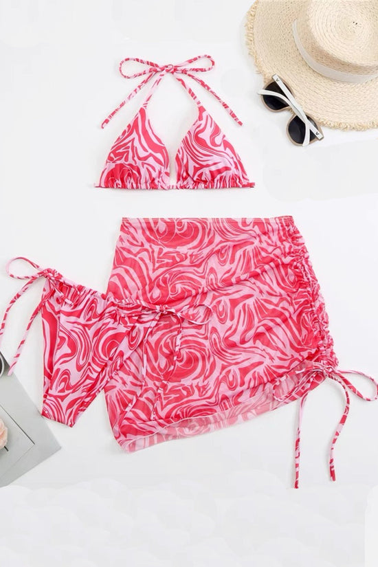 Allover Print Ruched Three Piece Bikini Set with Cover Skirt Swimsuit Swimwear