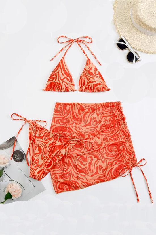 Allover Print Ruched Three Piece Bikini Set with Cover Skirt Swimsuit Swimwear