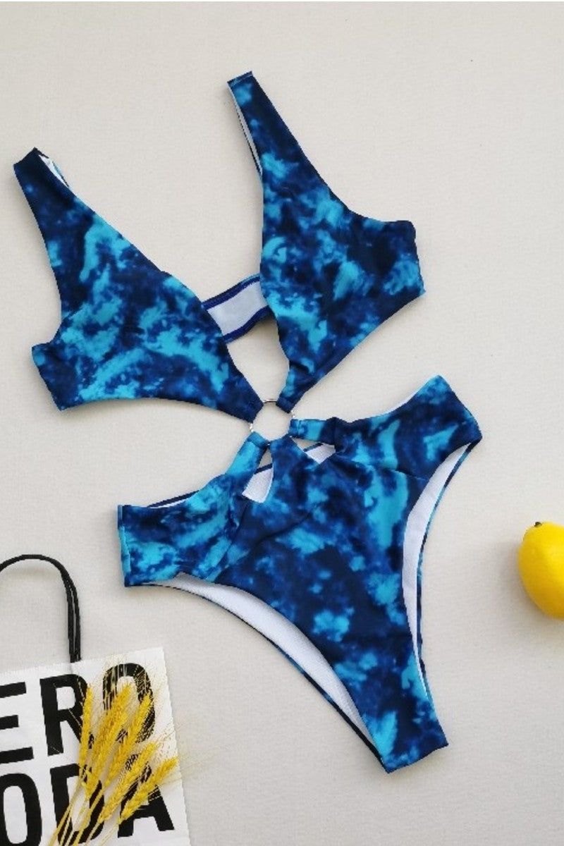 Load image into Gallery viewer, Blue Tie Dye Cut Out One Piece Swimsuit
