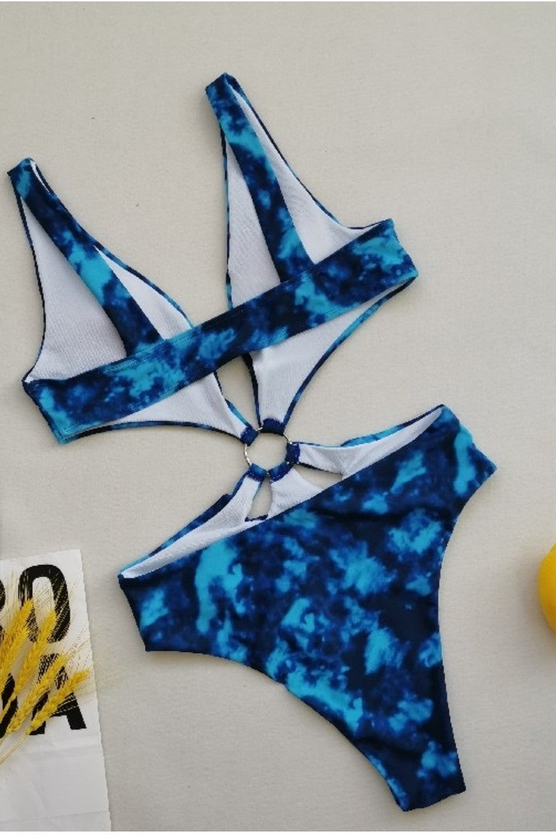 Load image into Gallery viewer, Blue Tie Dye Cut Out One Piece Swimsuit
