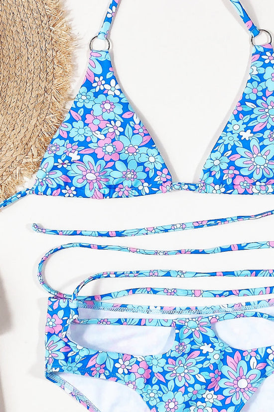 Floral Print Halter Neck Tie Drawstring Two Piece Bikini Swimsuit