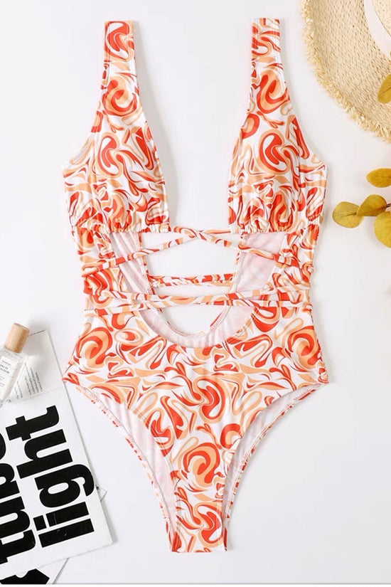 Marble Print Cut Out Drawstring One Piece Swimsuit Swimwear