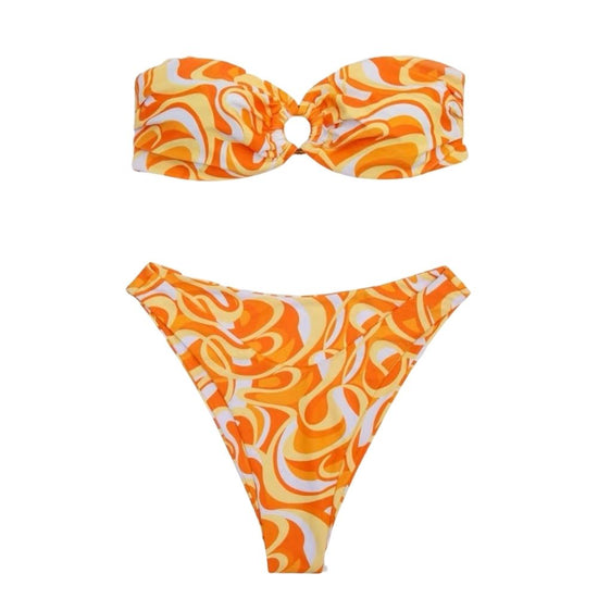 Load image into Gallery viewer, Marble Print Ring Linked Strapless Bikini Swimsuit Swimwear
